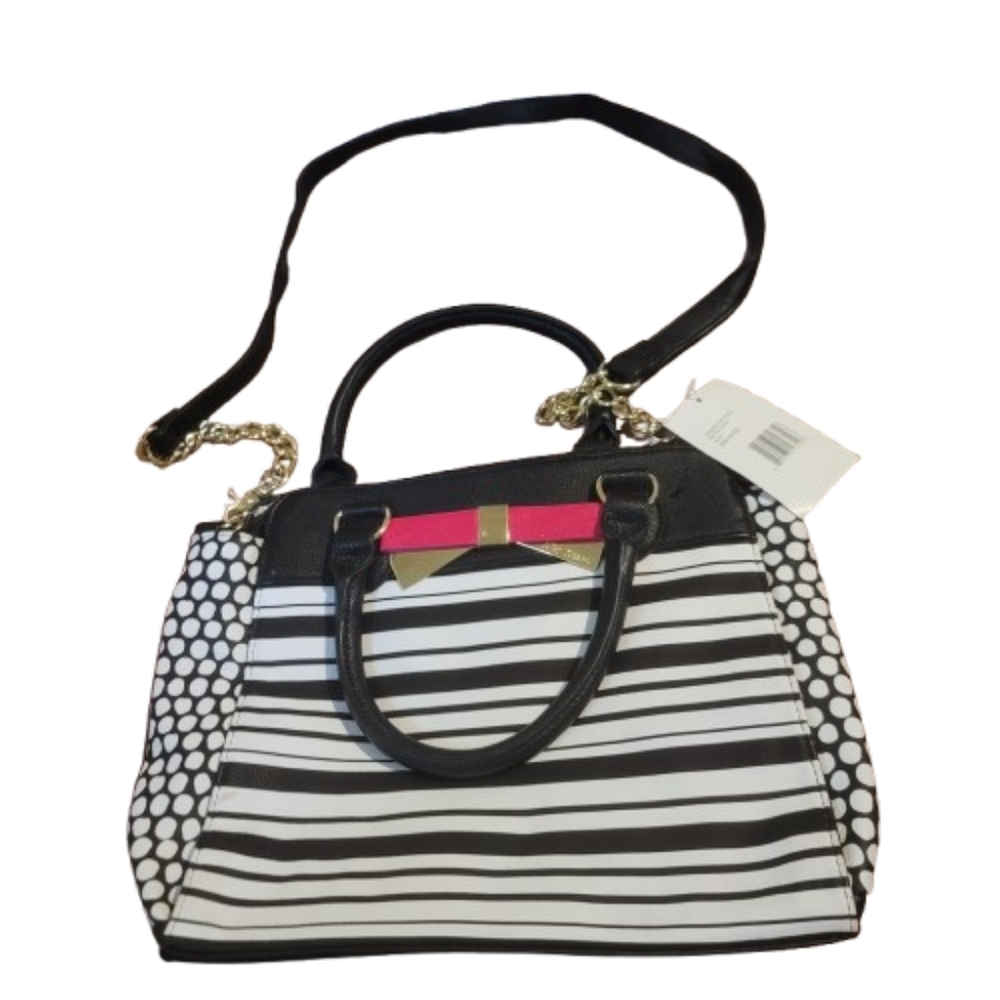 Betsey Johnson Black White Striped Satchel Crossbody Bow Winged Purse NWT